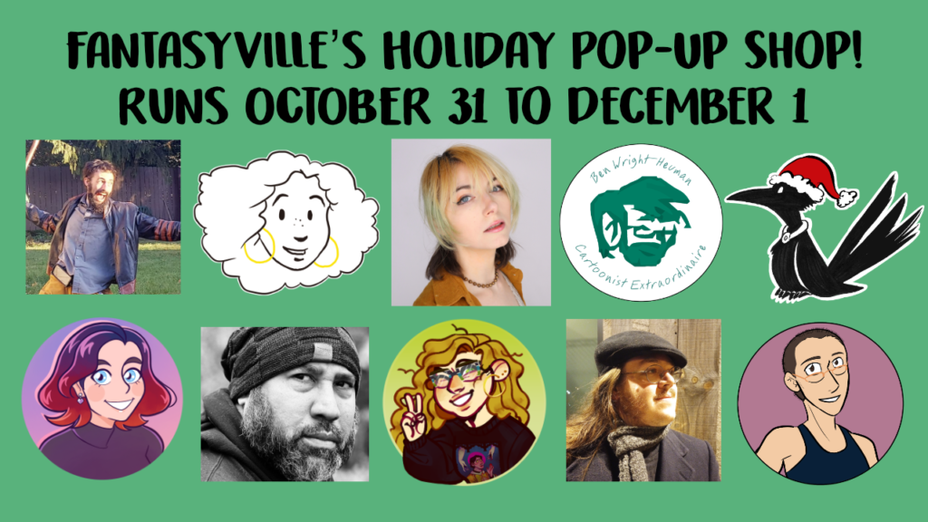 fantasyville holiday pop up shop, now open until December 1. Pictured here are artist-rendered selfies of the contributors in the shop.