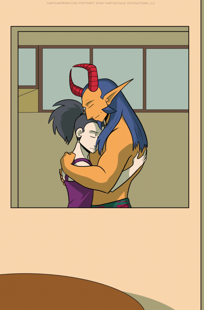 In this full-page, we see through the kitchen window and see Vanita and the Demon King in a quiet, contemplative embrace.