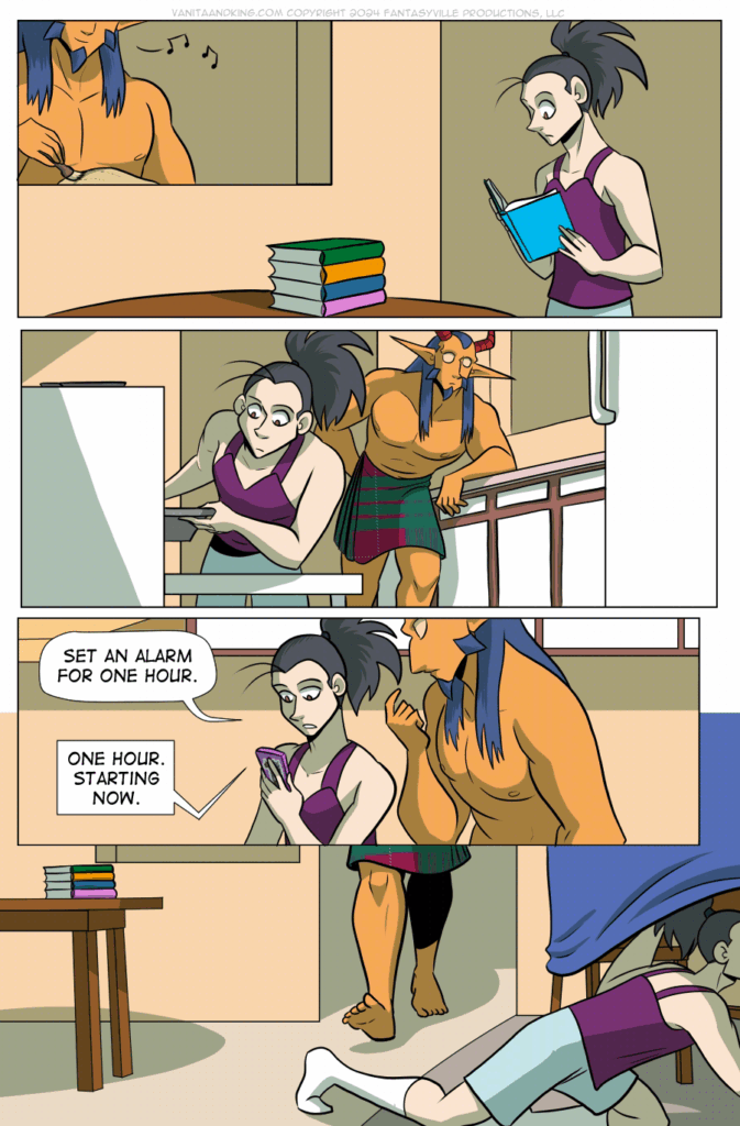 Panel 1: Wide panel. Vanita stands next to the dining room table, a stack of books next to her. She reads one of the books with the updated notes. Through the window into the kitchen, we see King brushing oil on the chicken and humming.

Panel 2: Vanita slides the roasting tray into the oven. Behind her, King leans forward to try and peek at what she is doing.

Panel 3: Medium shot on Vanita and Demon King from the waist up as they stand in the kitchen. Vanita holds her phone, and King watches, confused.

Vanita says, “Set an alarm for one hour.” The phone says, “One hour. Starting now.”

Panel 4: Wide shot. Vanita goes into the living room and crawls into the blanket fort. King is walking from the kitchen to follow.