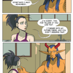 PAGE 71 Vanita and the Demon King in this page apologize for their behavior. The atmosphere is shadowed and somber. Panel 1: Close up on King. King says, “I should have asked for your permission before I began writing those addendums in the margins. Sometimes I must remember…” Panel 2: Close up on Vanita. She says, “…I’m sorry, too. For yelling at you like that. I turned into my father there, and you didn’t deserve that.” Panel 3: Medium shot, King smiles softly at Vanita and holds their arms open. Vanita looks at them and lifts a hand, ready to step forward.