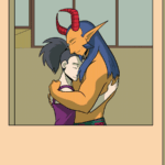 In this full-page, we see through the kitchen window and see Vanita and the Demon King in a quiet, contemplative embrace.