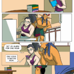 Panel 1: Wide panel. Vanita stands next to the dining room table, a stack of books next to her. She reads one of the books with the updated notes. Through the window into the kitchen, we see King brushing oil on the chicken and humming. Panel 2: Vanita slides the roasting tray into the oven. Behind her, King leans forward to try and peek at what she is doing. Panel 3: Medium shot on Vanita and Demon King from the waist up as they stand in the kitchen. Vanita holds her phone, and King watches, confused. Vanita says, “Set an alarm for one hour.” The phone says, “One hour. Starting now.” Panel 4: Wide shot. Vanita goes into the living room and crawls into the blanket fort. King is walking from the kitchen to follow.