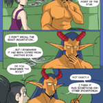 PAGE 93 Panel 1: Wide panel. Under the blanket fort shadow, sitting on the floor in front of the green couch, Vanita and King sit side-by-side. Their dinner plates sit on the couch cushion by their heads, with leftover chicken bones and forks. King, looking thoughtful, recollects as they say, "I recall a drawing on the floor. A seven-pointed star...and seven black candles. One at each point of the star." Panel 2: Wide panel, close up on King looking puzzled. "I don't recall the exact incantation," they say. "...But I remember it had been copied from another book..." Panel 3: Vanita asks, "Do you remember the book?" King raises a finger, face lighting up with recognition. "Not exactly," they say. "I think it was something-or other Incantorum. But I remember the author!"